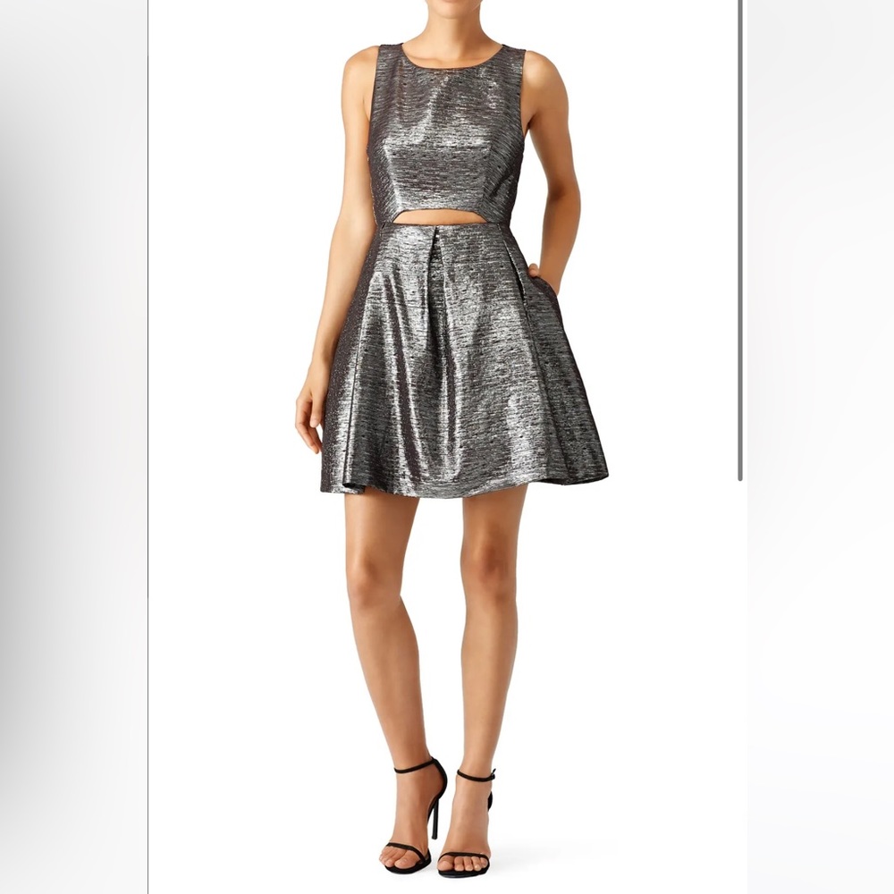 Metallic silver shine dress with front cut out.